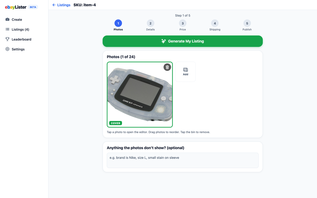 A photoshoot batch open in EbayLister, with unassigned photos being click-grouped into item SKUs
