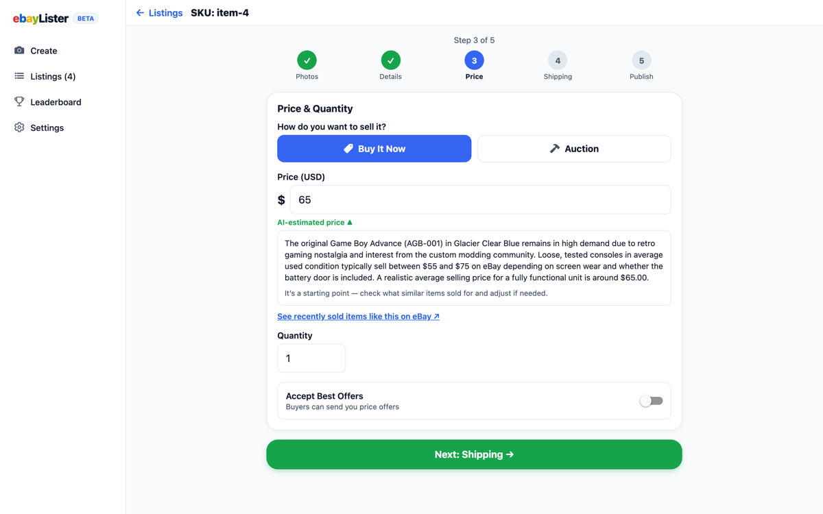EbayLister's suggested price for an item alongside the AI's written reasoning for it