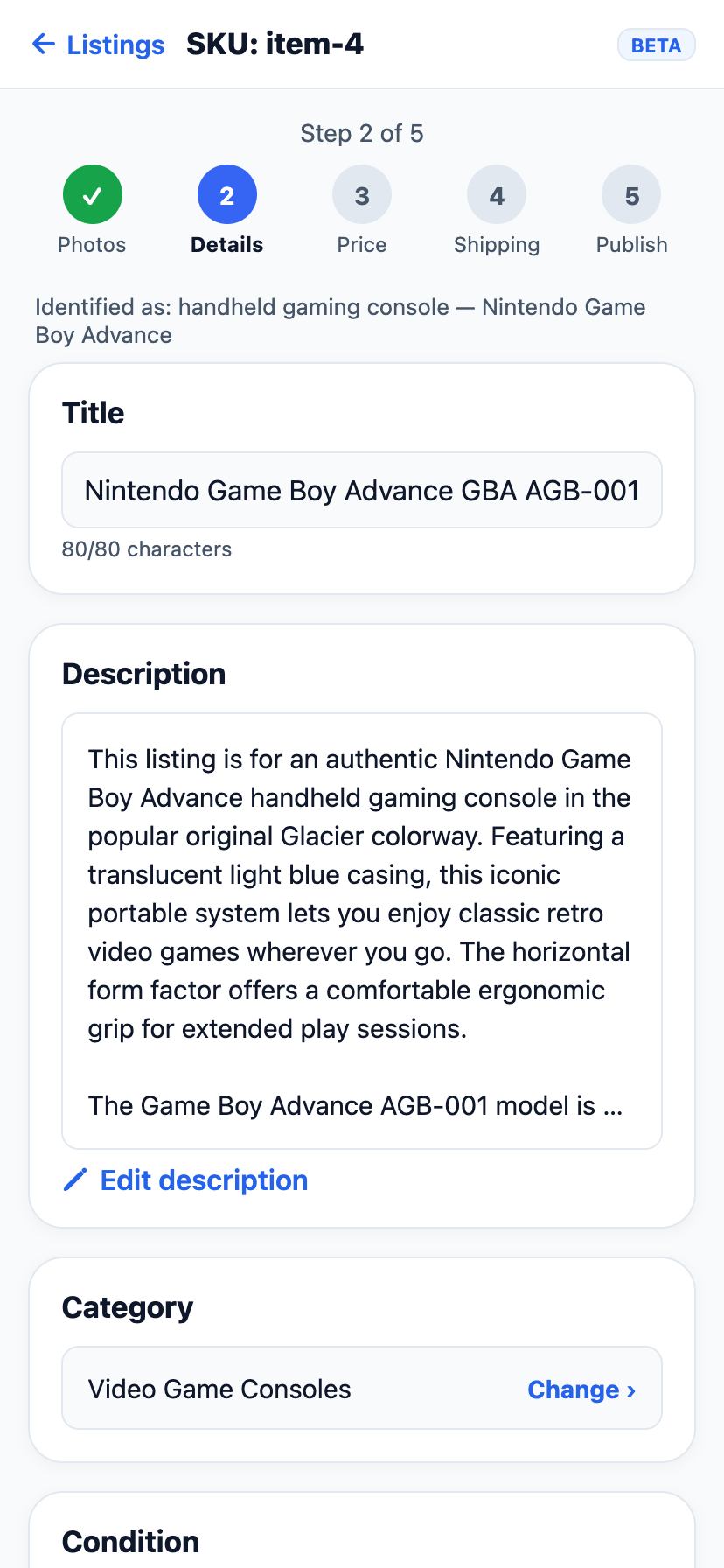 Editing an eBay listing's item specifics on a phone in EbayLister