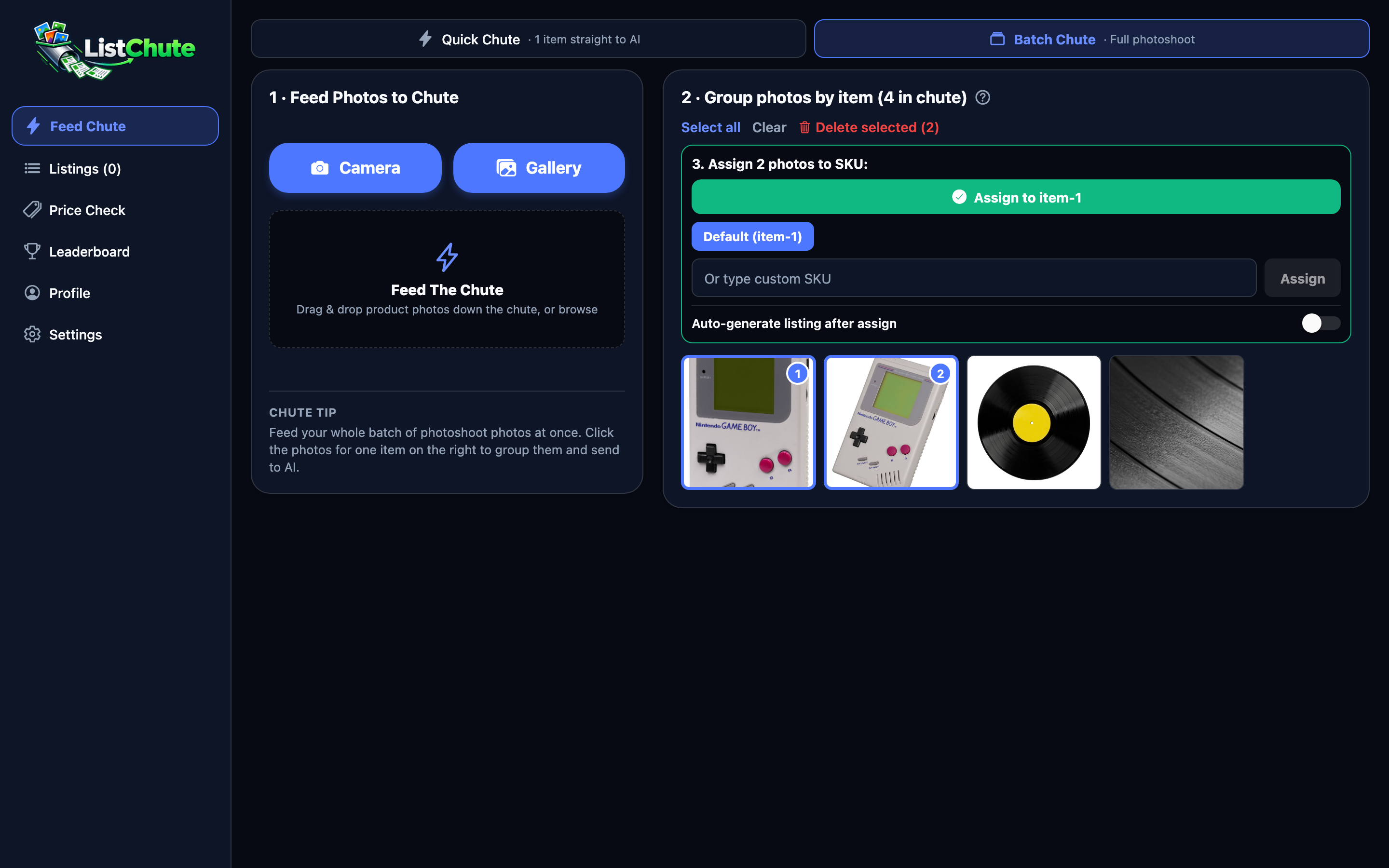 A photoshoot batch open in ListChute, with unassigned photos being click-grouped into item SKUs