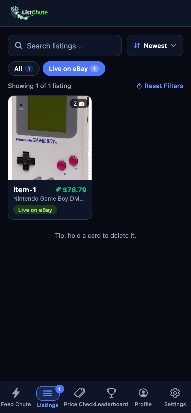 ListChute listings dashboard on a phone